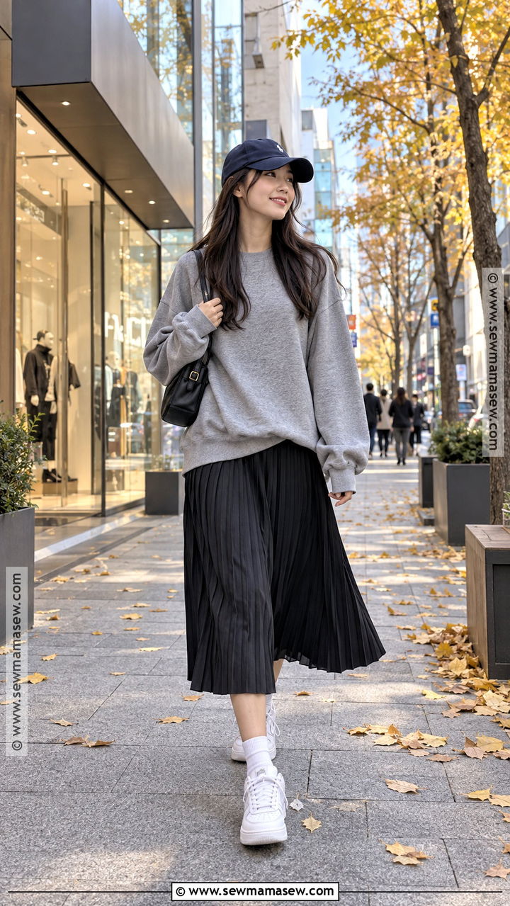 Sweatshirt and Midi Skirt Autumn Outfit - 20 autumn in korea outfit ideas