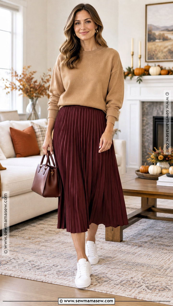 Sweatshirt and Pleated Midi Skirt Thanksgiving Outfit - 20 Comfy Thanksgiving Day Outfits