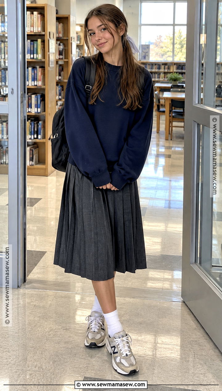 Sweatshirt and Pleated Midi Skirt - 15 Highschool Fall Outfits