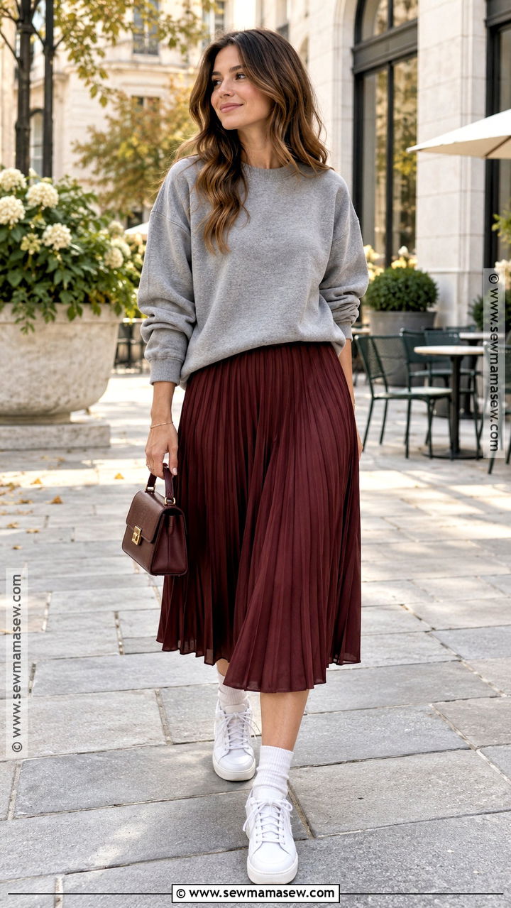 Sweatshirt and Pleated Skirt Fall Outfit - 20 Cozy Cute Fall Outfits