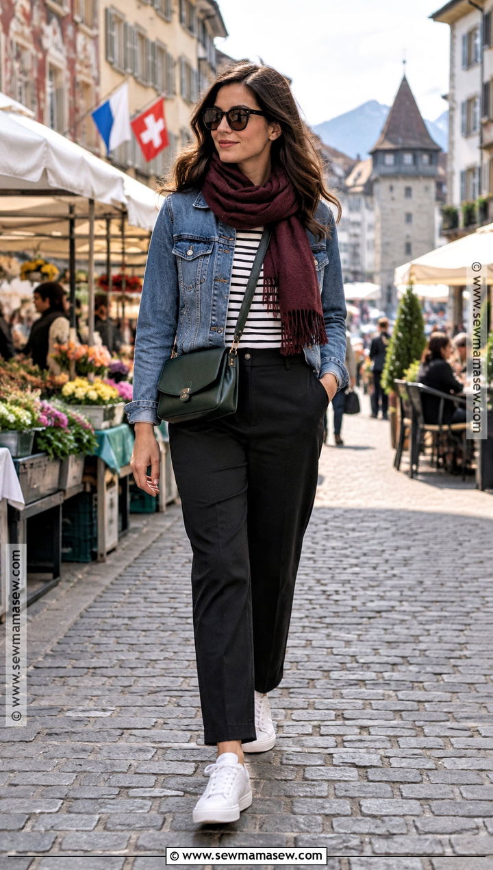 Switzerland Early Fall Outfit With Denim Jacket And Black Pants - 15 switzerland in september outfits