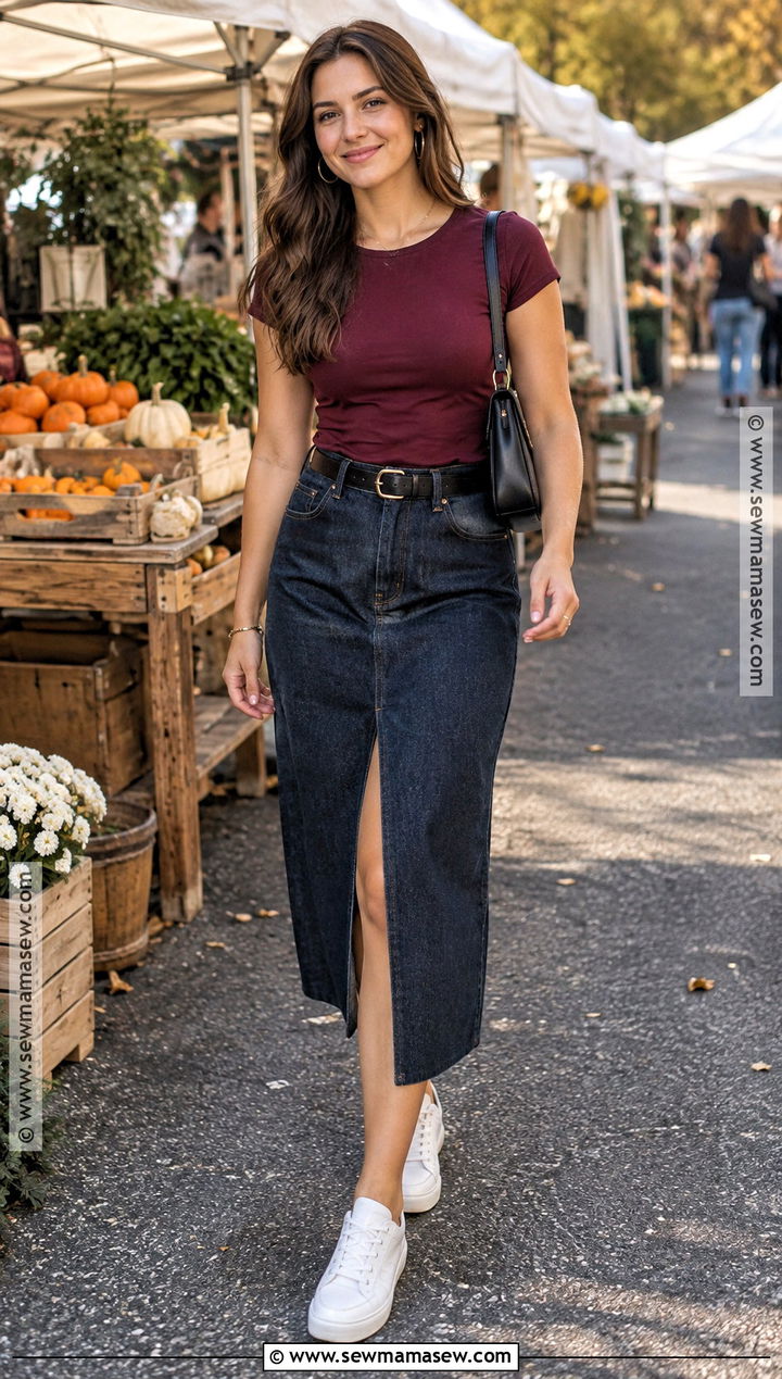 T Shirt And Denim Midi Skirt Fall Outfit - 15 hot weather fall outfits casual