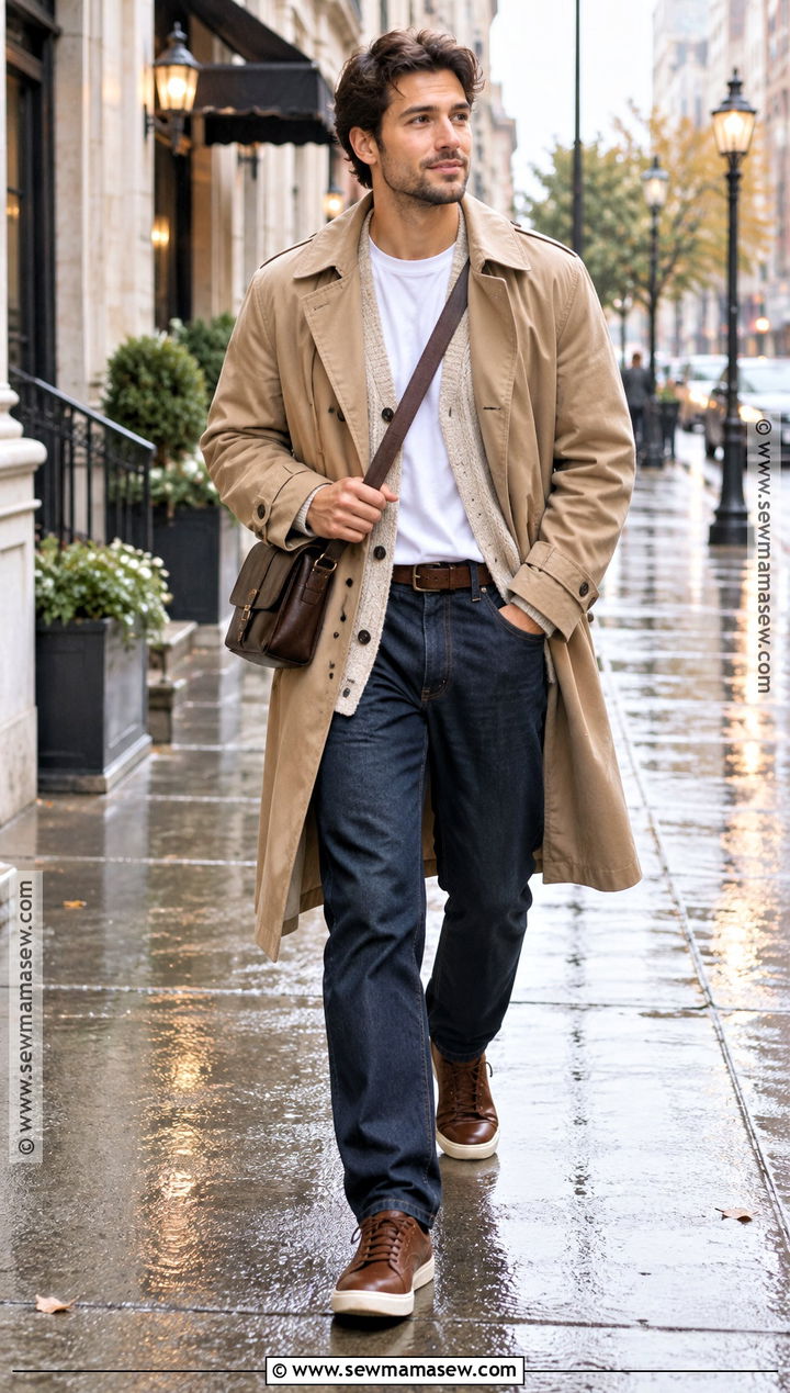 T Shirt Cardigan and Trench Coat Fall Outfit - 15 fall layering outfits for men
