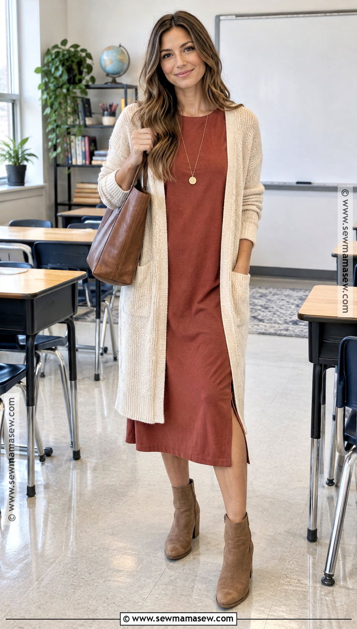 T Shirt Dress And Long Cardigan Teacher Outfit - 20 september teacher outfits