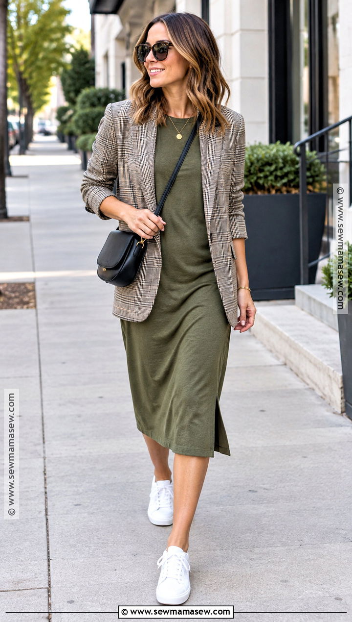 T Shirt Dress Oversized Blazer and Sneakers for 70 Degree Fall Weather - 15 Fall 70 Degree Weather Outfit Ideas