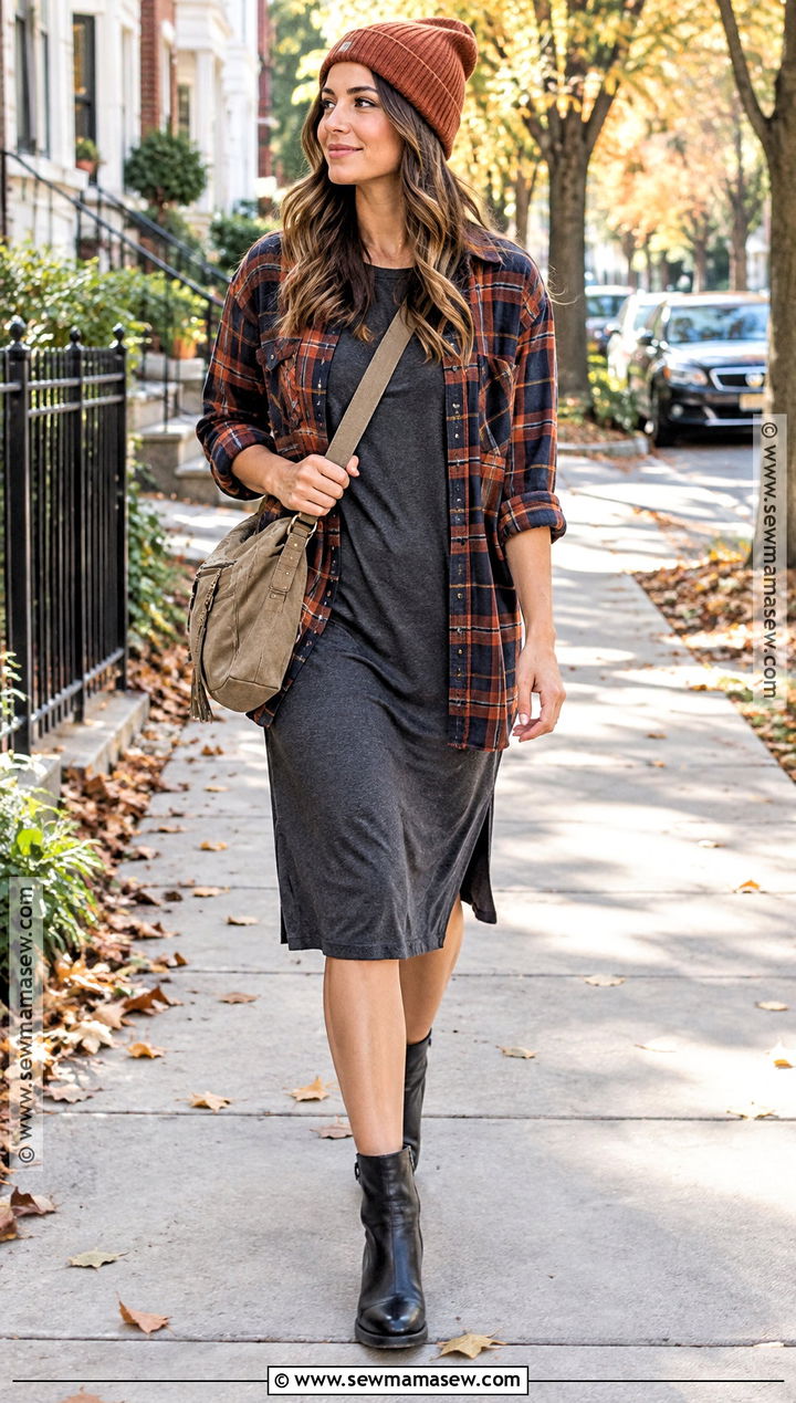 T Shirt Dress With Flannel Shirt And Ankle Boots - 20 autumn dress outfit casual ideas