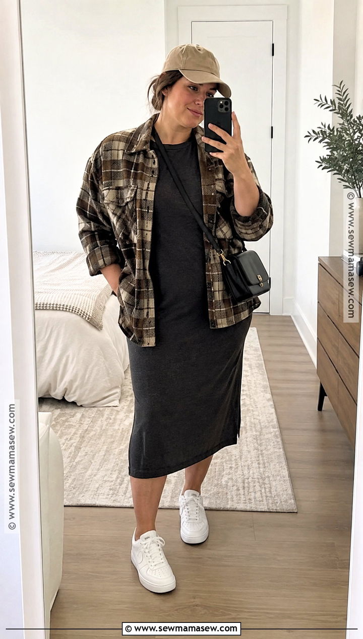 T Shirt Dress With Shacket And Sneakers - 20 fall dresses outfits
