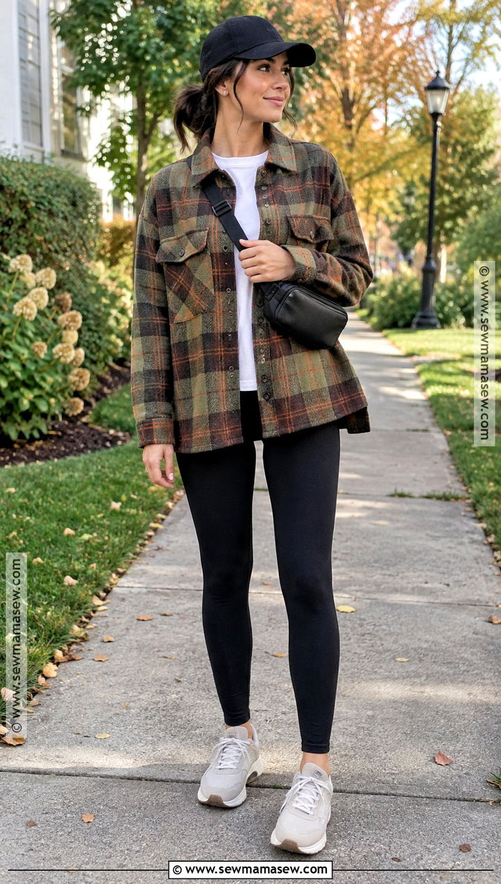 T Shirt Leggings And Plaid Shacket Outfit - 20 summer fall outfits casual