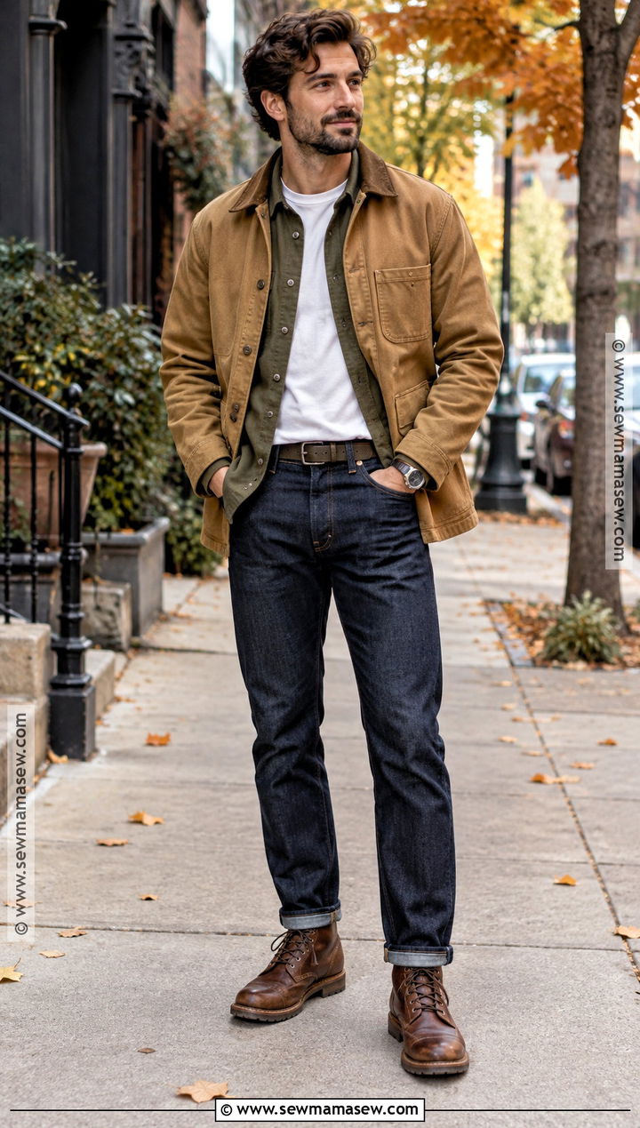 T Shirt Overshirt and Chore Coat Fall Outfit - 15 fall layering outfits for men