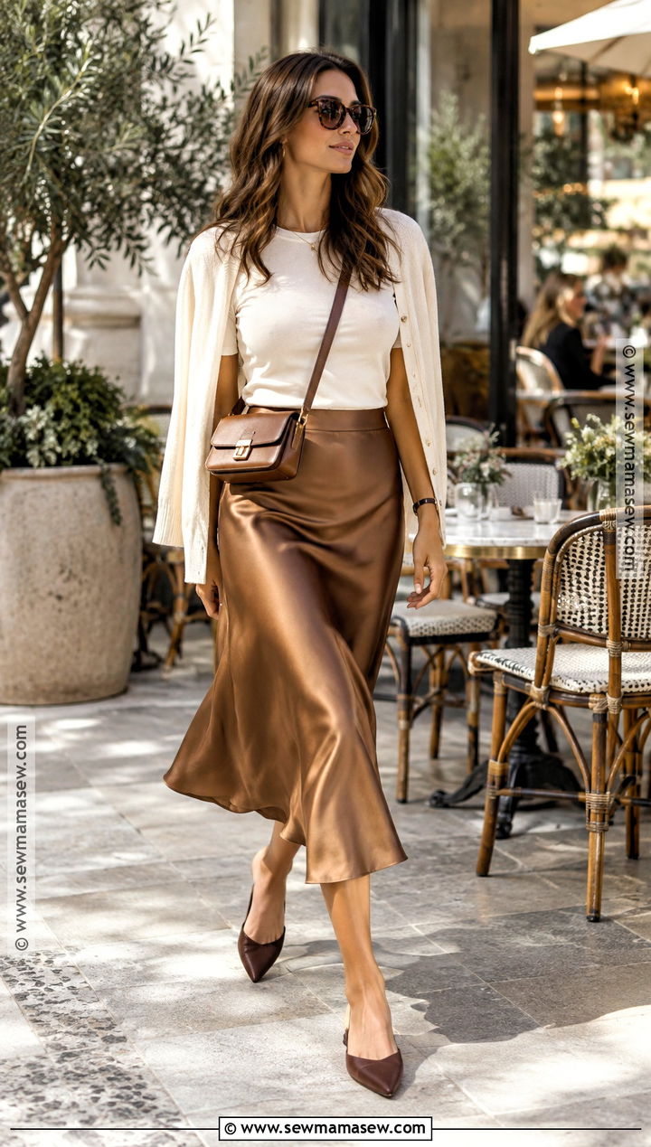 T Shirt and Satin Midi Skirt October Outfit - 15 Hot October Day Outfit Ideas