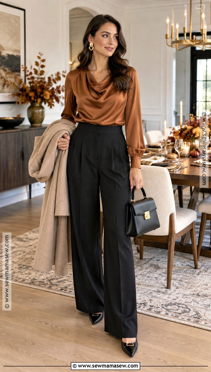 Tailored Trousers And Draped Blouse Friendsgiving Outfit - 25 friendsgiving outfits