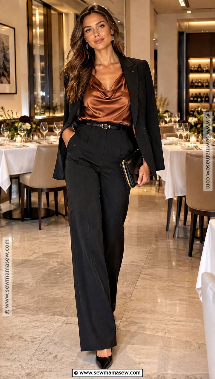 Tailored Trousers And Satin Blouse Rehearsal Dinner Outfit - 20 rehersal dinner outfit fall guest ideas