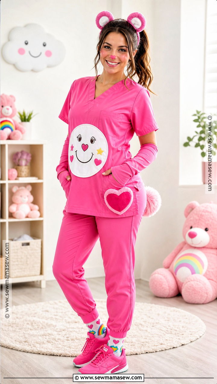 Take Care Bear Costume With Pink Scrub Outfit - 30 Carebear Costume Ideas for Women