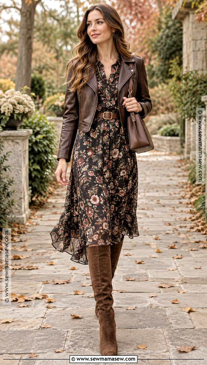 Tall Boots With A Floral Midi Dress - 25 tall boots outfit fall