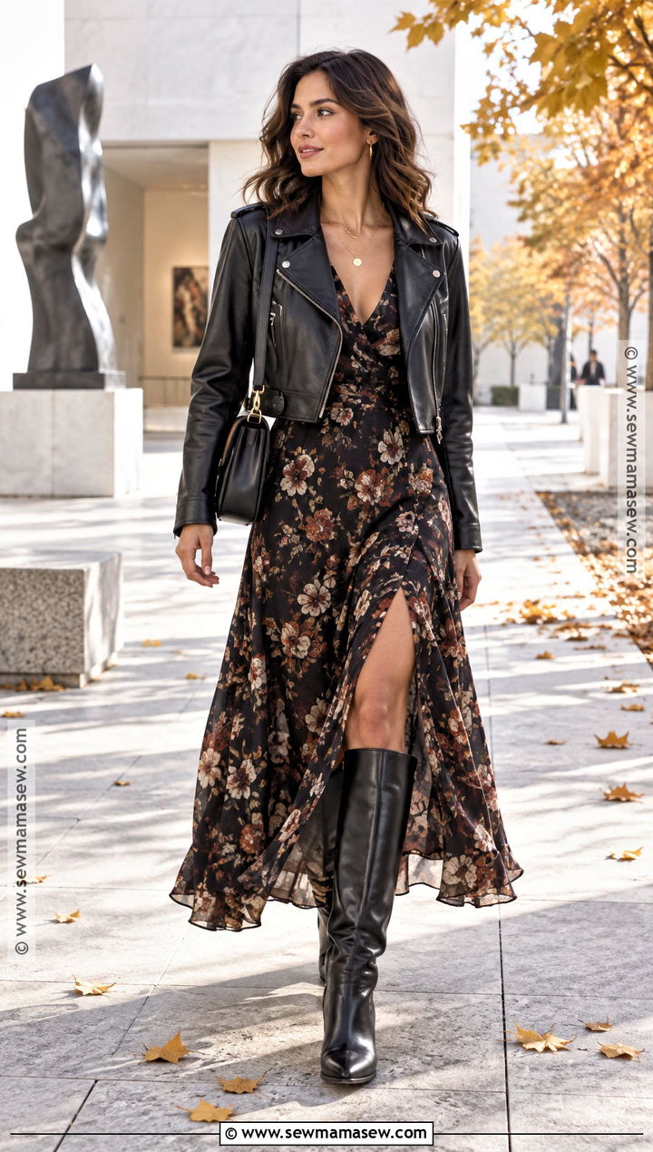 Tall Boots With A Maxi Dress And Leather Jacket - 25 tall boots outfit fall