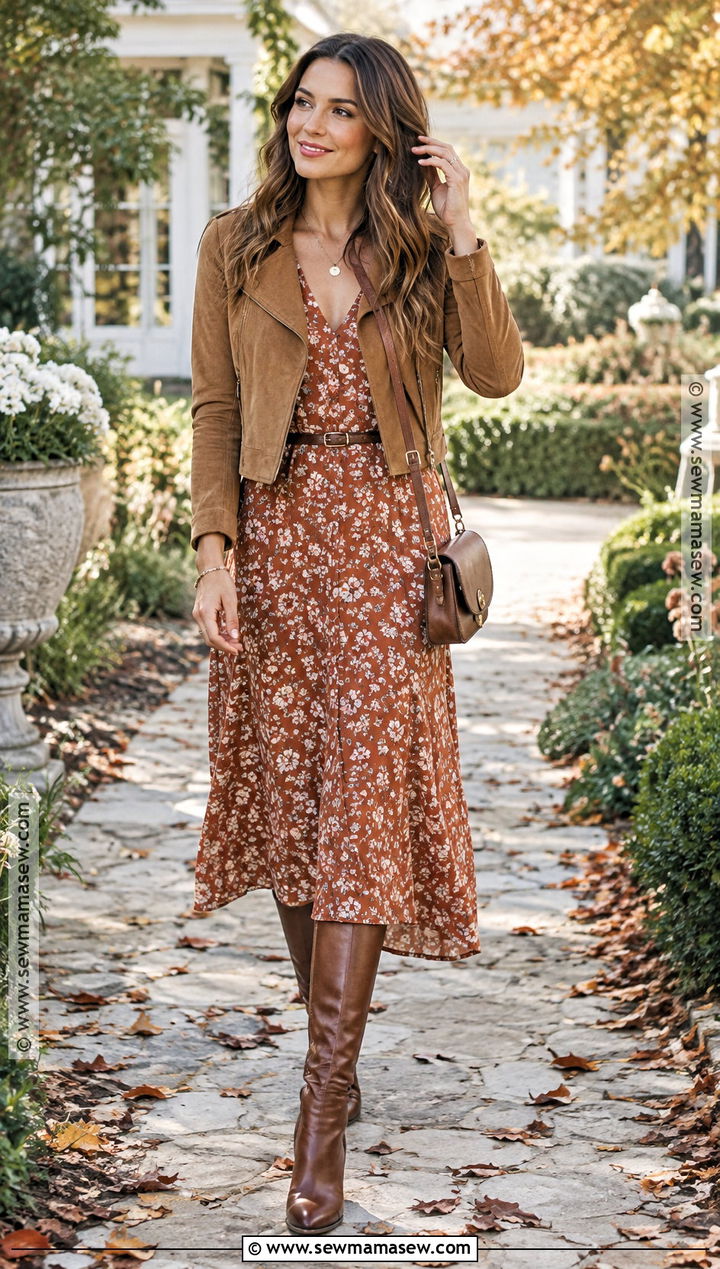 Tall Brown Boots With Floral Midi Dress - 15 tall brown boots outfit fall styles 2026