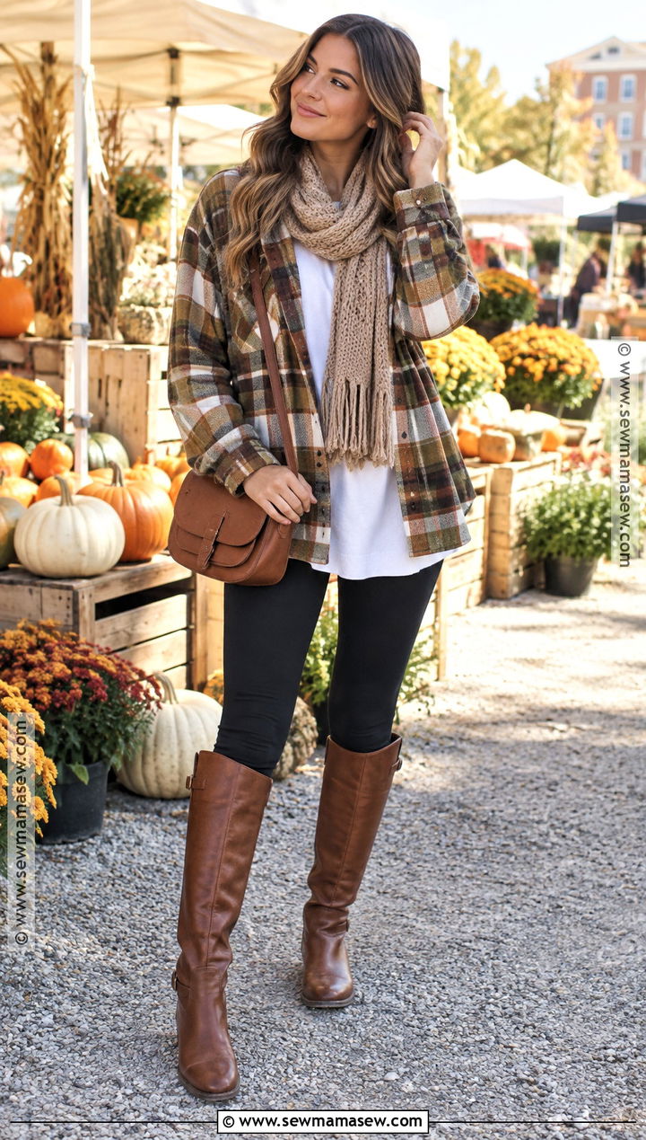 Tall Brown Boots With Leggings And A Shacket - 20 Tall Brown Boots Outfit Fall Styles