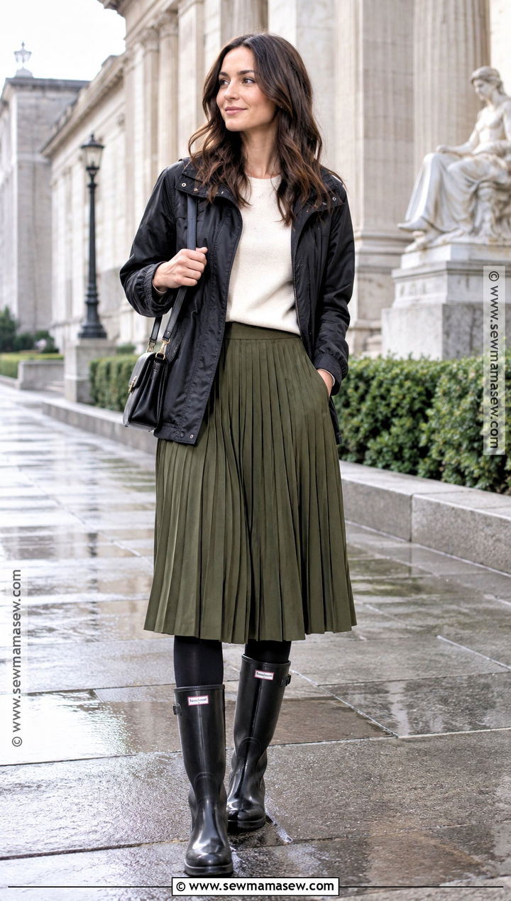 Tall Rain Boots Outfit With Pleated Skirt And Sweatshirt - 25 rain boots outfit fall
