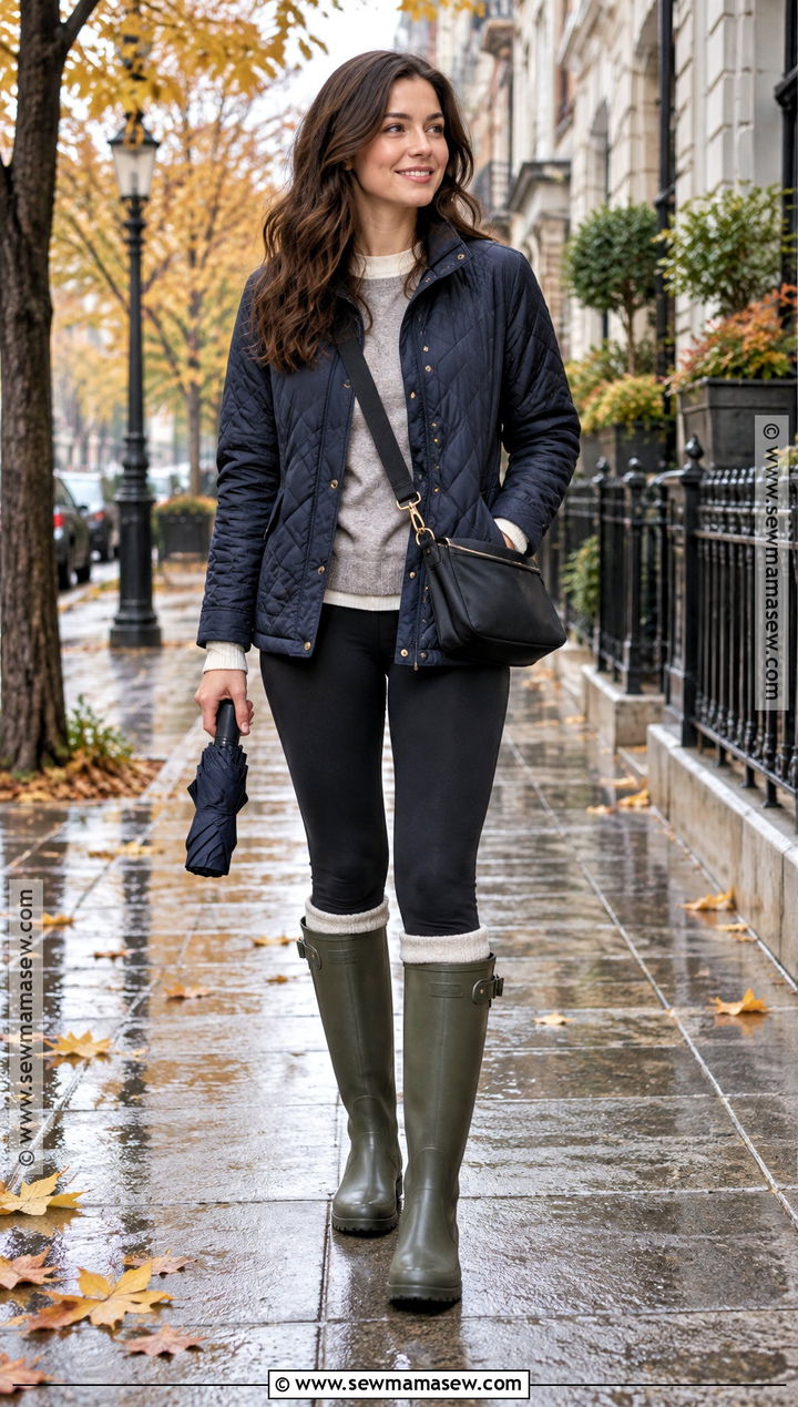 Tall Rain Boots With Leggings And A Quilted Jacket - 20 fall high boots outfit