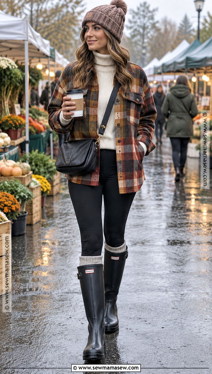 Tall Rain Boots With Plaid Shacket And Leggings - 15 rain boot outfit fall ideas