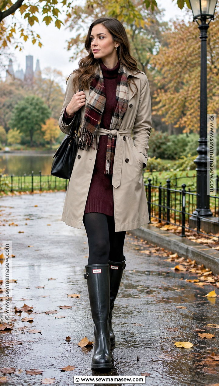 Tall Wellies With Sweater Dress And Raincoat - 15 wellies outfit autumn ideas