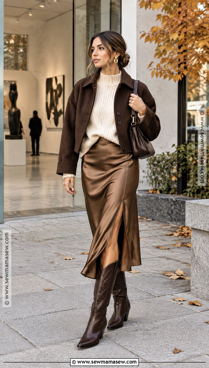 Tall Western Boots With A Satin Midi Skirt - 15 Tall Western Boots Outfit Fall