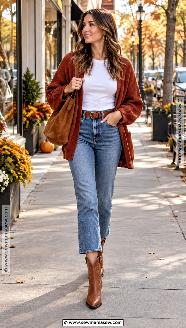 Tall Western Boots With Cropped Jeans And A Cardigan - 15 Tall Western Boots Outfit Fall