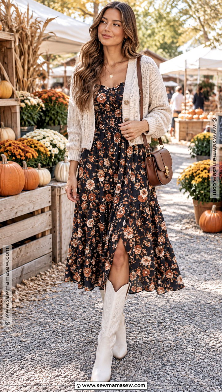 Tall White Boots With A Floral Midi Dress And Cardigan - 15 tall white boots outfit fall