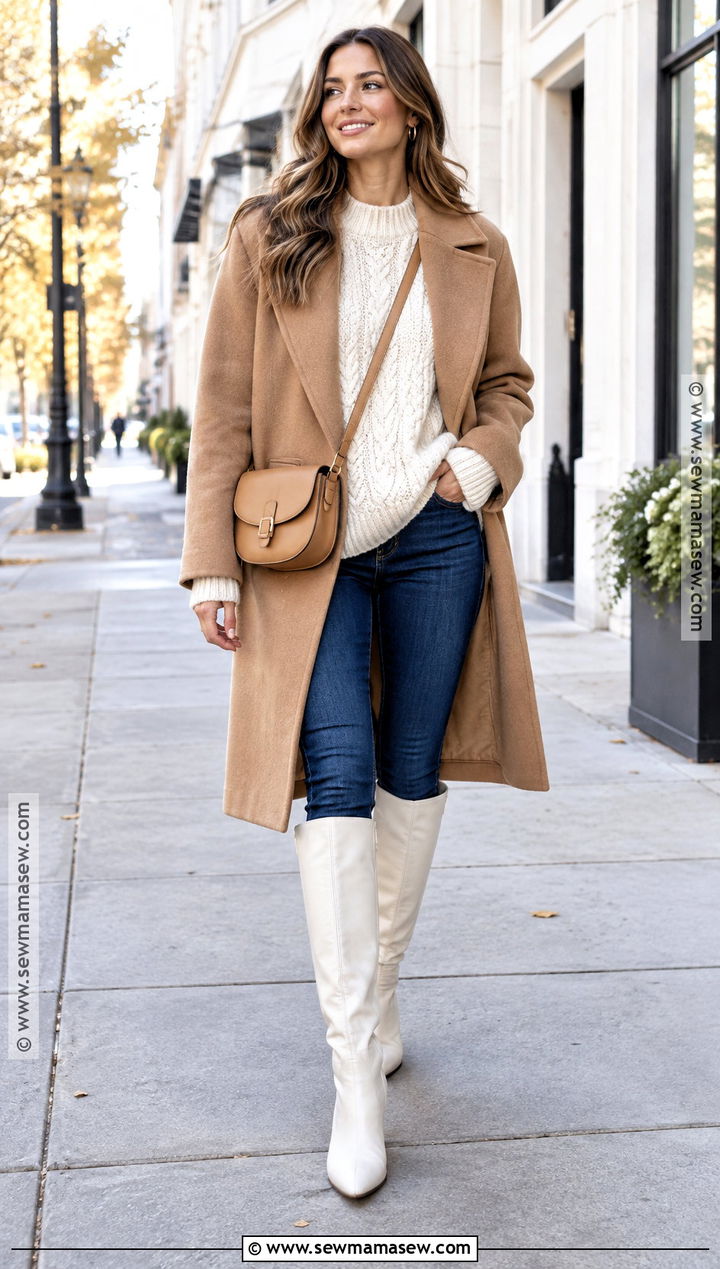Tall White Boots With Skinny Jeans And A Chunky Sweater - 15 tall white boots outfit fall