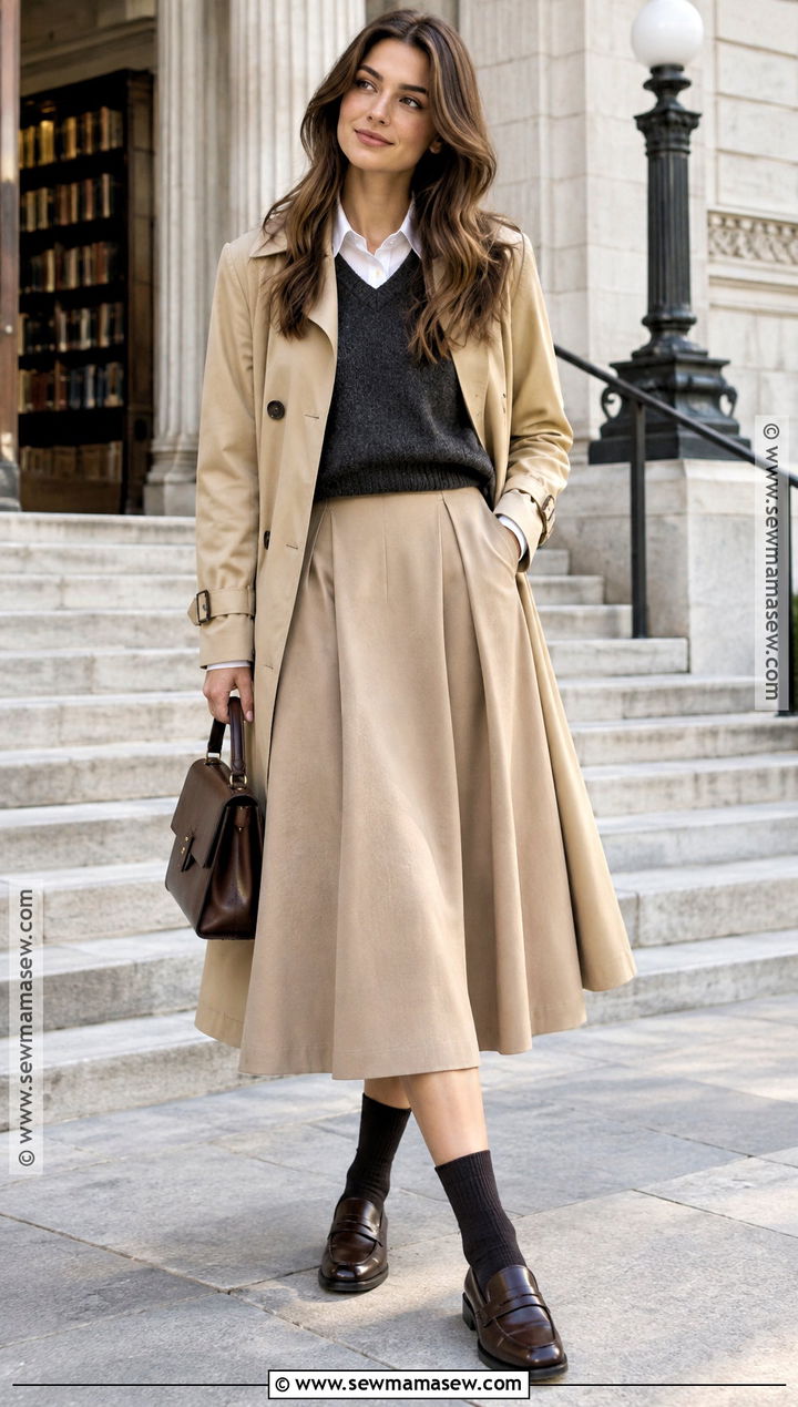Tan A Line Skirt With Sweater Vest And Loafers - 20 tan skirt outfit fall ideas