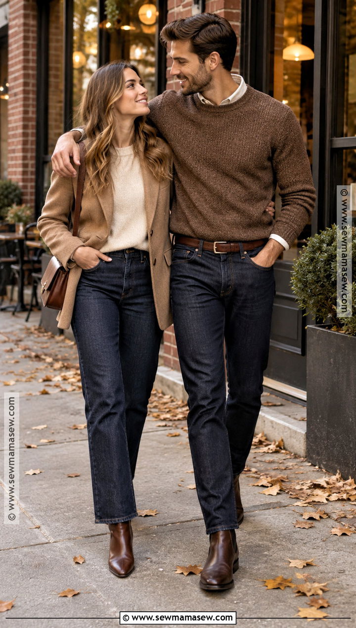 Tan Blazer And Dark Denim Couples Fall Photoshoot Outfit - 25 couples fall photoshoot outfits