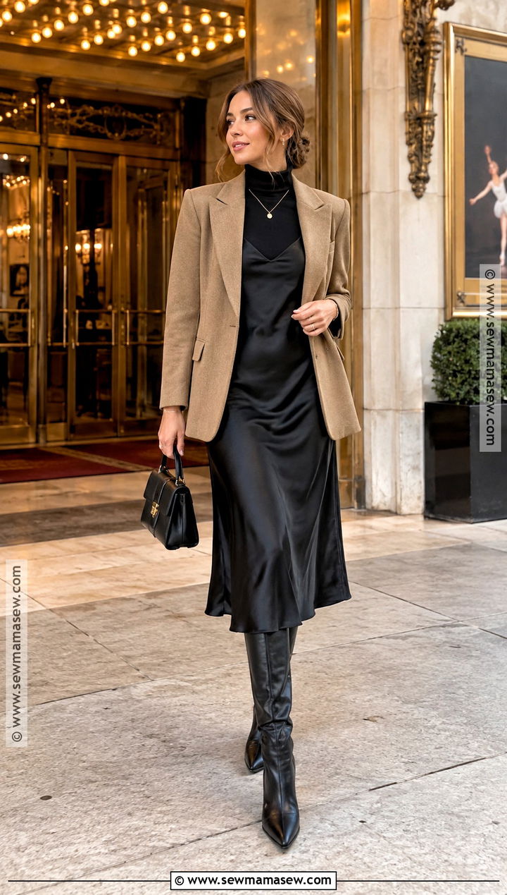 Tan Blazer With Slip Dress And Boots - 15 tan blazer fall outfit ideas