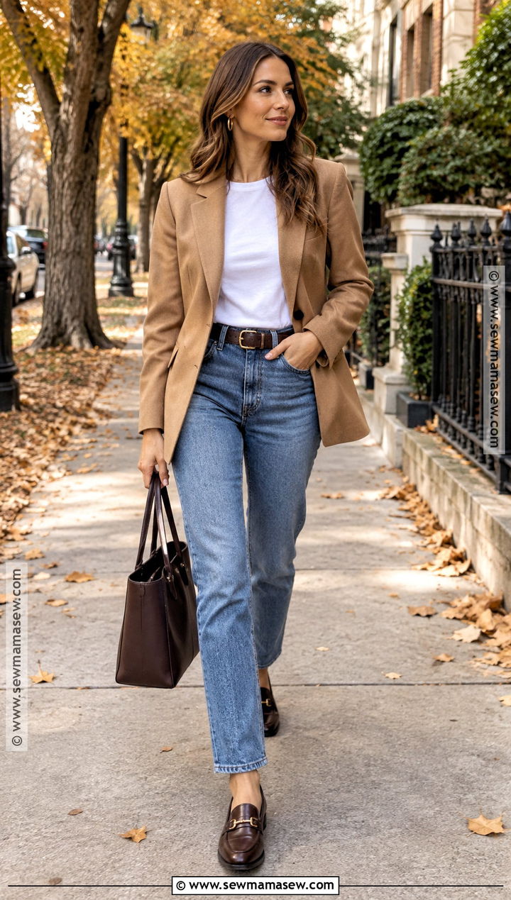 Tan Blazer With Straight Leg Jeans And Loafers - 15 tan blazer fall outfit ideas