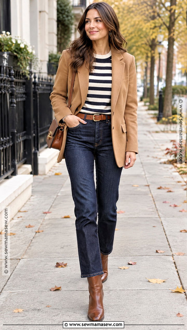 Tan Blazer With Striped Shirt And Dark Jeans - 15 tan blazer fall outfit ideas