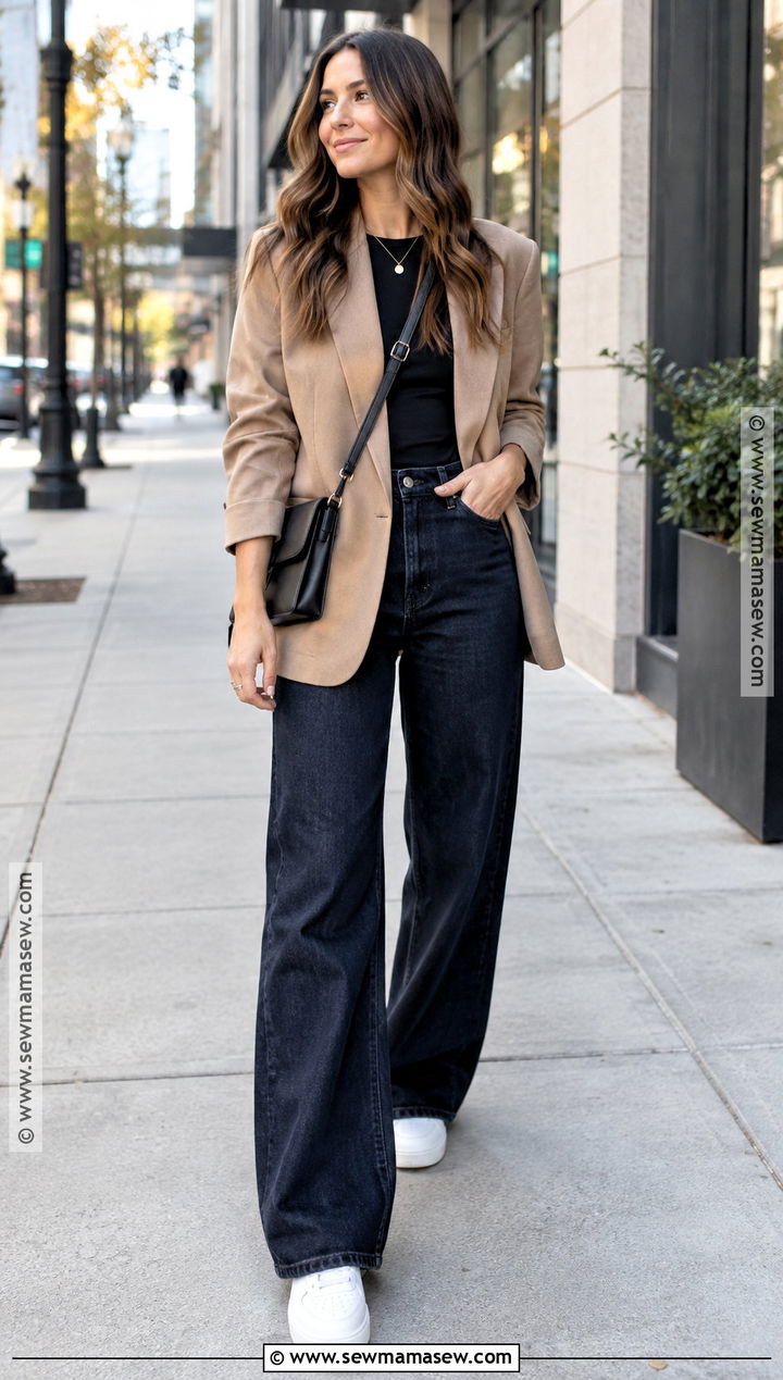 Tan Blazer With Wide Leg Jeans And Sneakers - 15 tan blazer fall outfit ideas