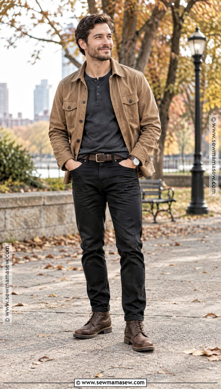 Tan Chore Jacket With Black Jeans - 15 fall family photo outfits for men