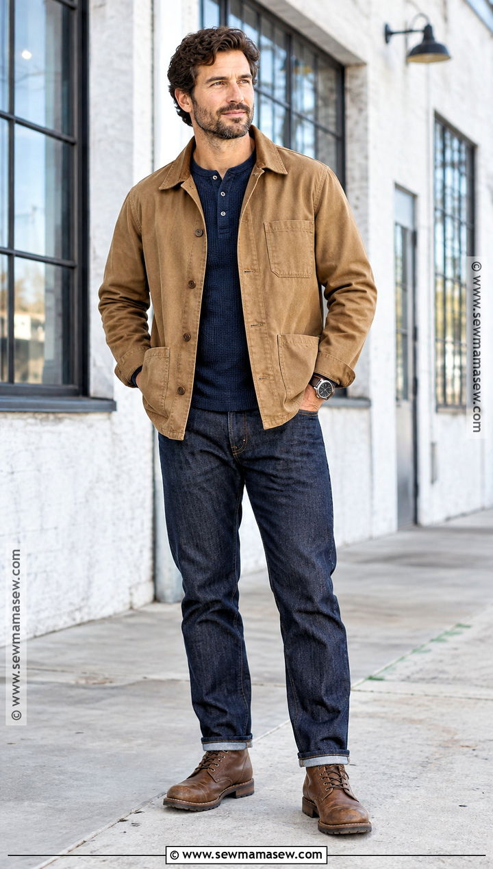 Tan Chore Jacket With Raw Denim - 20 men fall jacket ideas