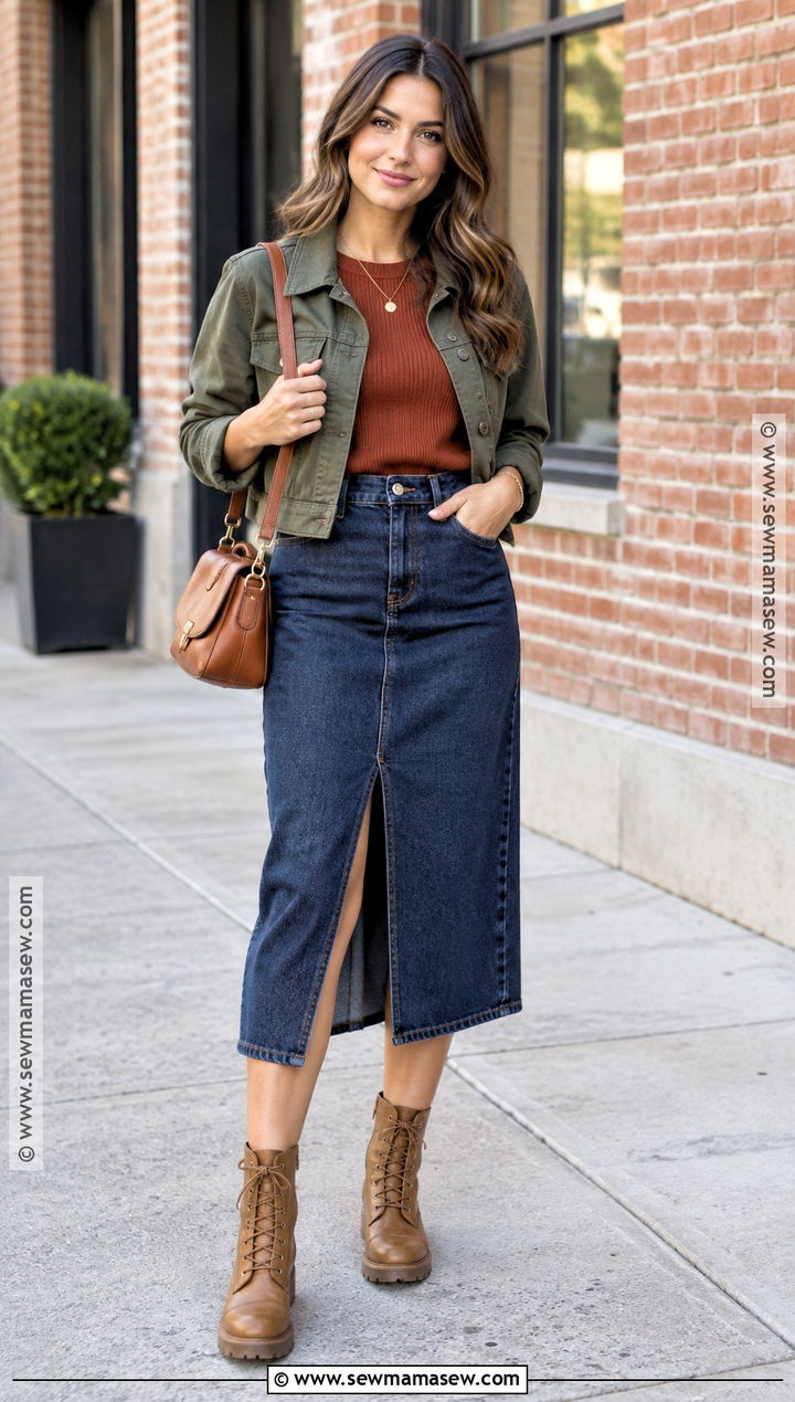 Tan Combat Boots With Denim Midi Skirt - 15 tan combat boots outfit fall