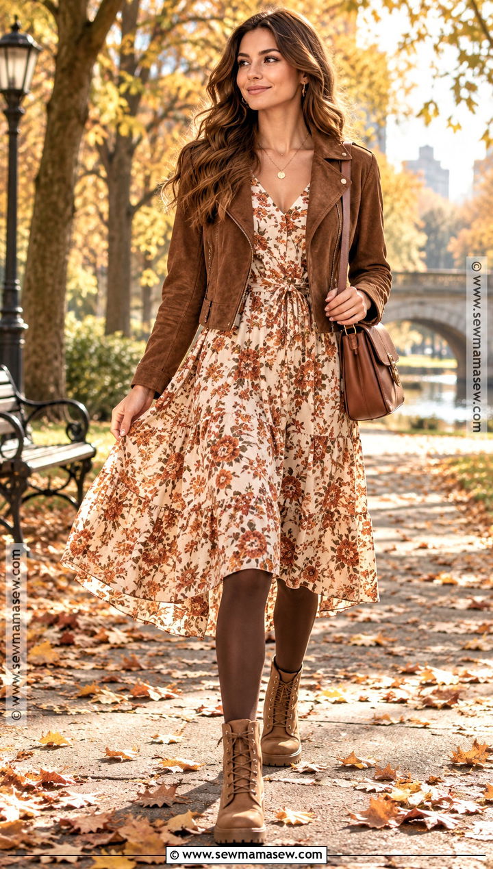Tan Combat Boots With Floral Midi Dress - 15 tan combat boots outfit fall