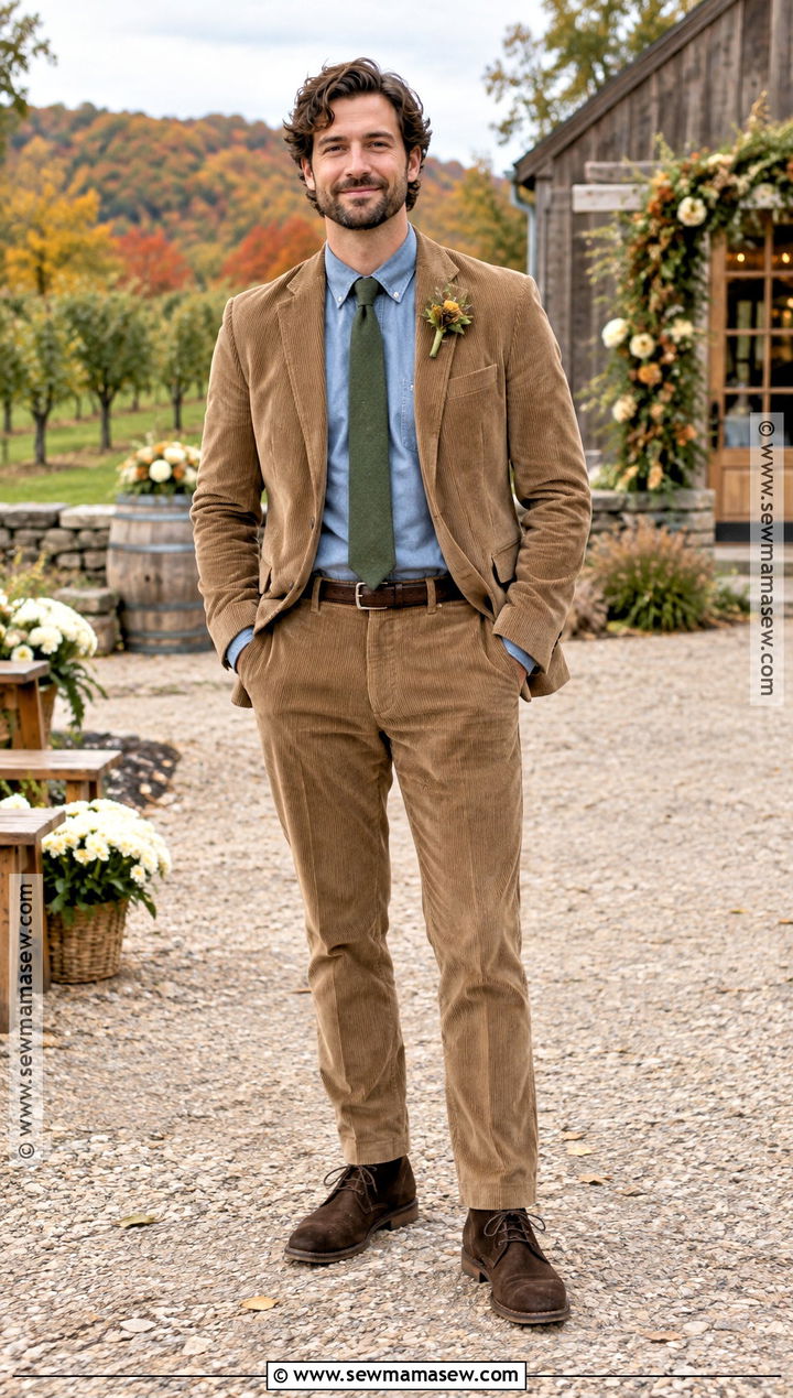 Tan Corduroy Groom Suit - 15 casual fall wedding groom attire ideas