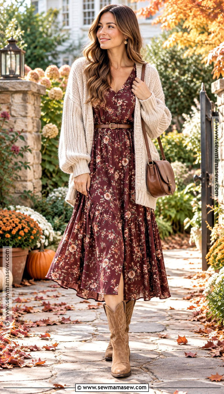 Tan Cowboy Boots With Floral Midi Dress And Cardigan - 20 Cowboy Boot Fall Outfits