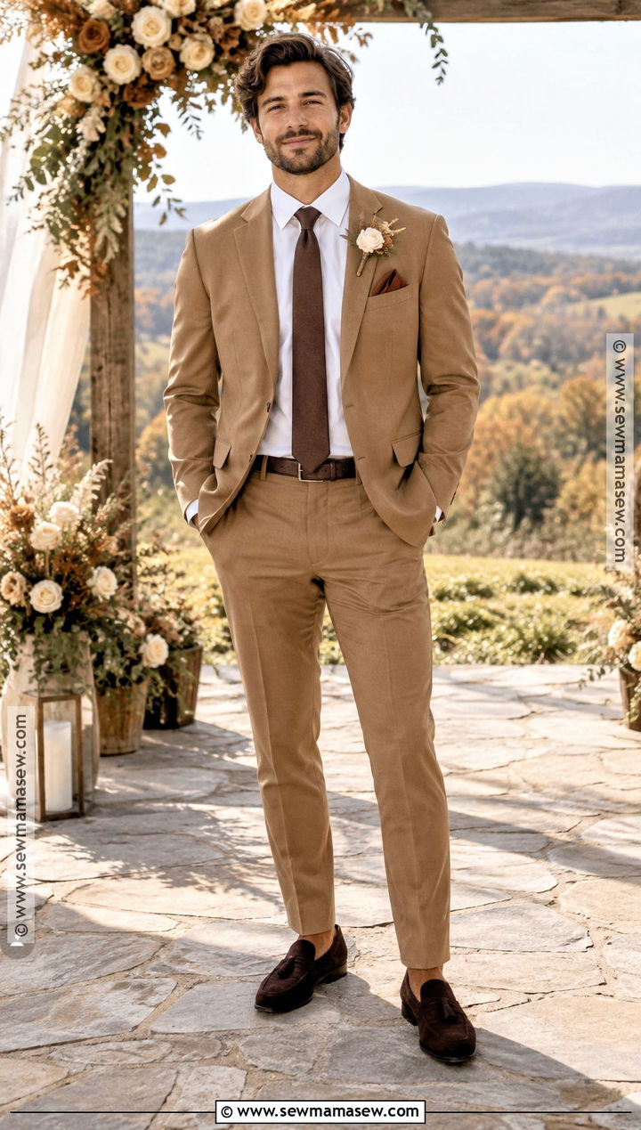 Tan Fall Groom Suit With Dark Brown Accessories - 15 fall groom outfit ideas
