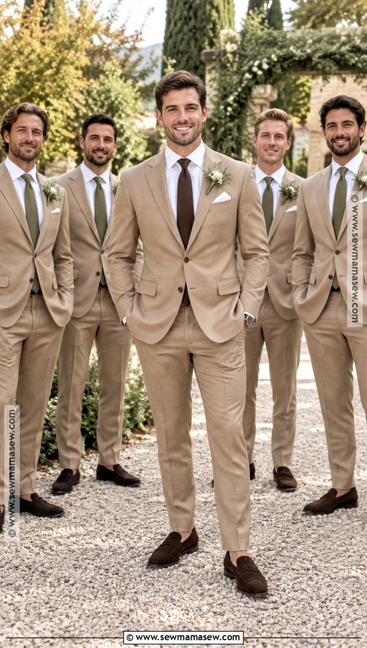 Tan Fall Wedding Suit With Dark Brown Accessories - 15 fall mens wedding attire groom & groomsmen suits ideas