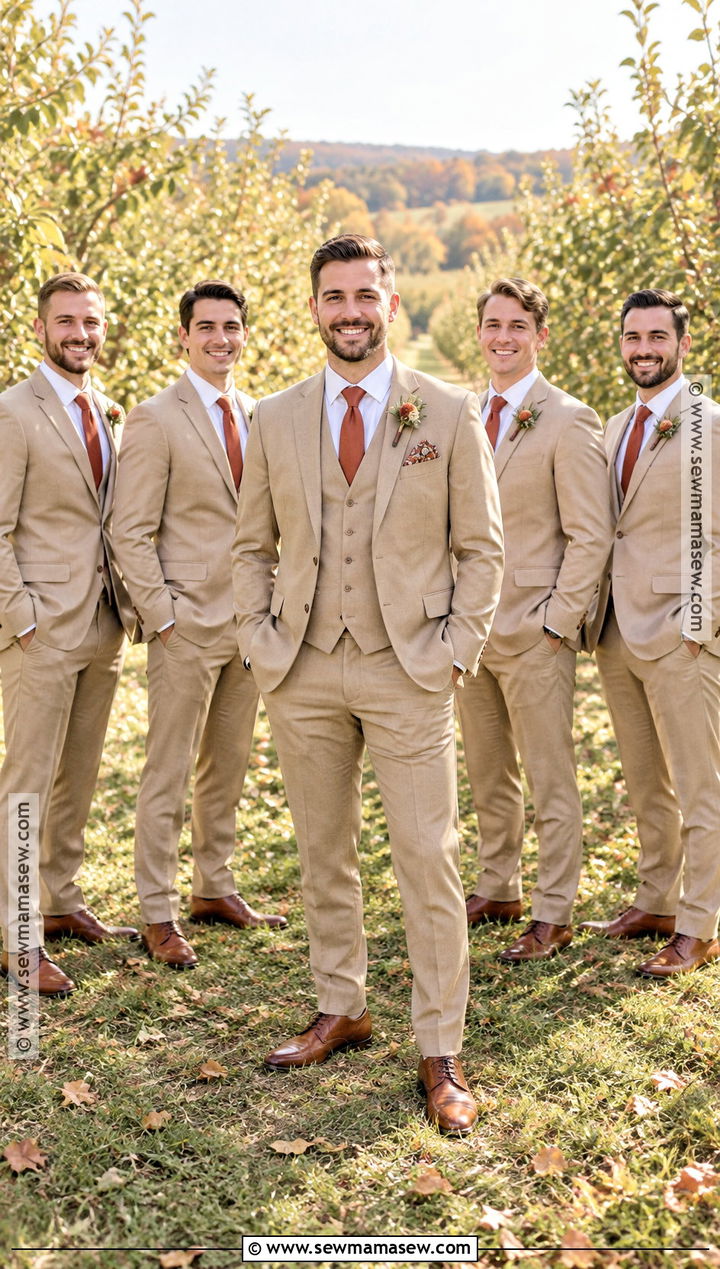 Tan Groom And Groomsmen Suits With Rust Ties - 15 fall groom and groomsmen attire ideas