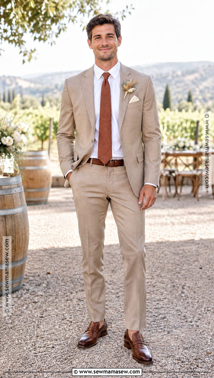 Tan Groom Suit With Rust Tie - 15 groom attire fall wedding ideas