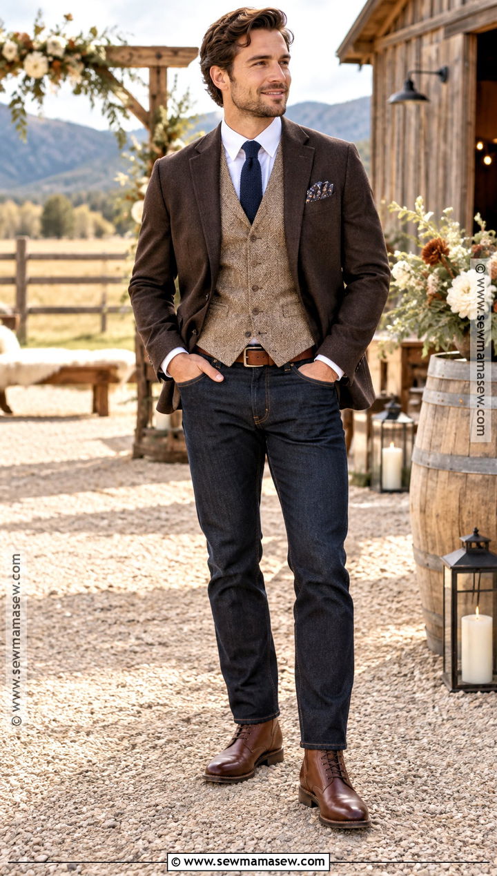 Tan Groom Vest With Dark Denim - 15 fall groom attire vest ideas