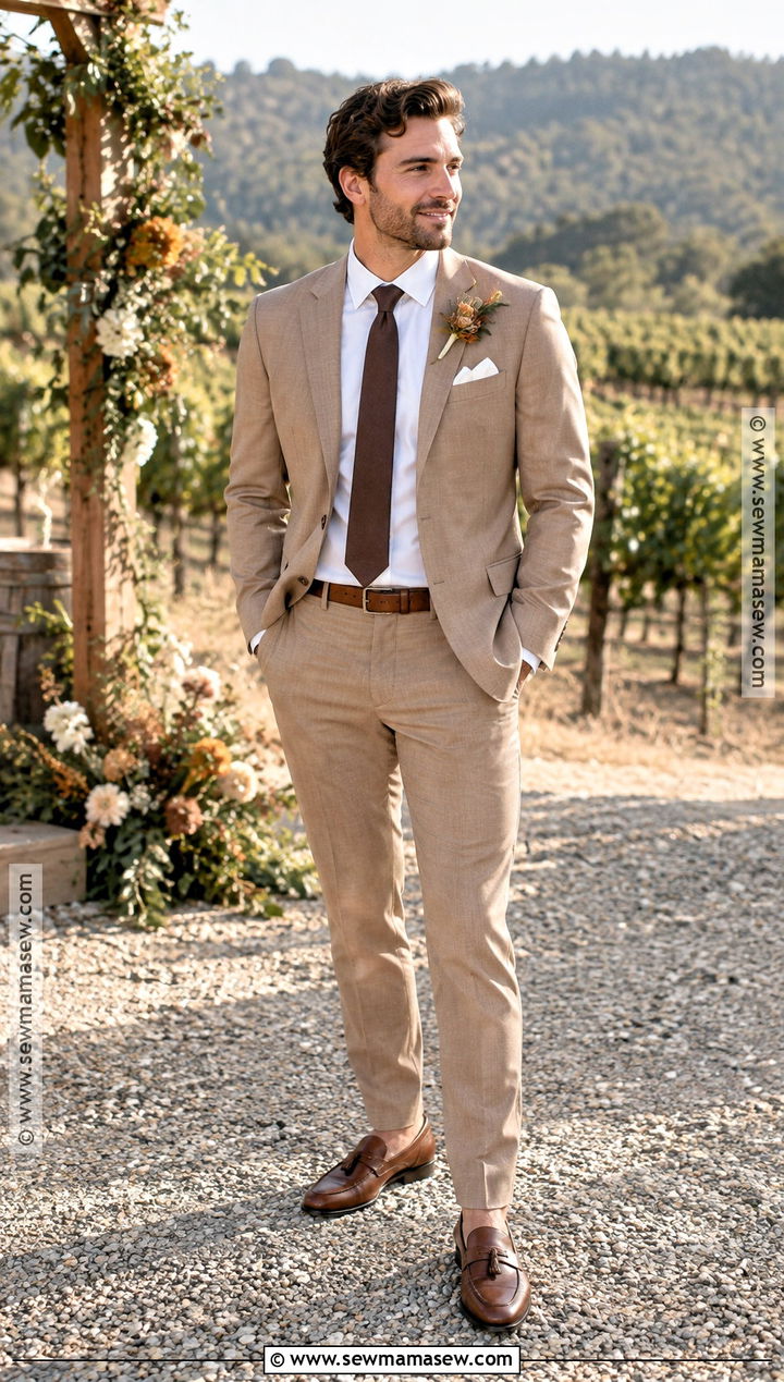 Tan Groomsmen Suit With Dark Brown Tie - 25 fall groomsmen attire ideas