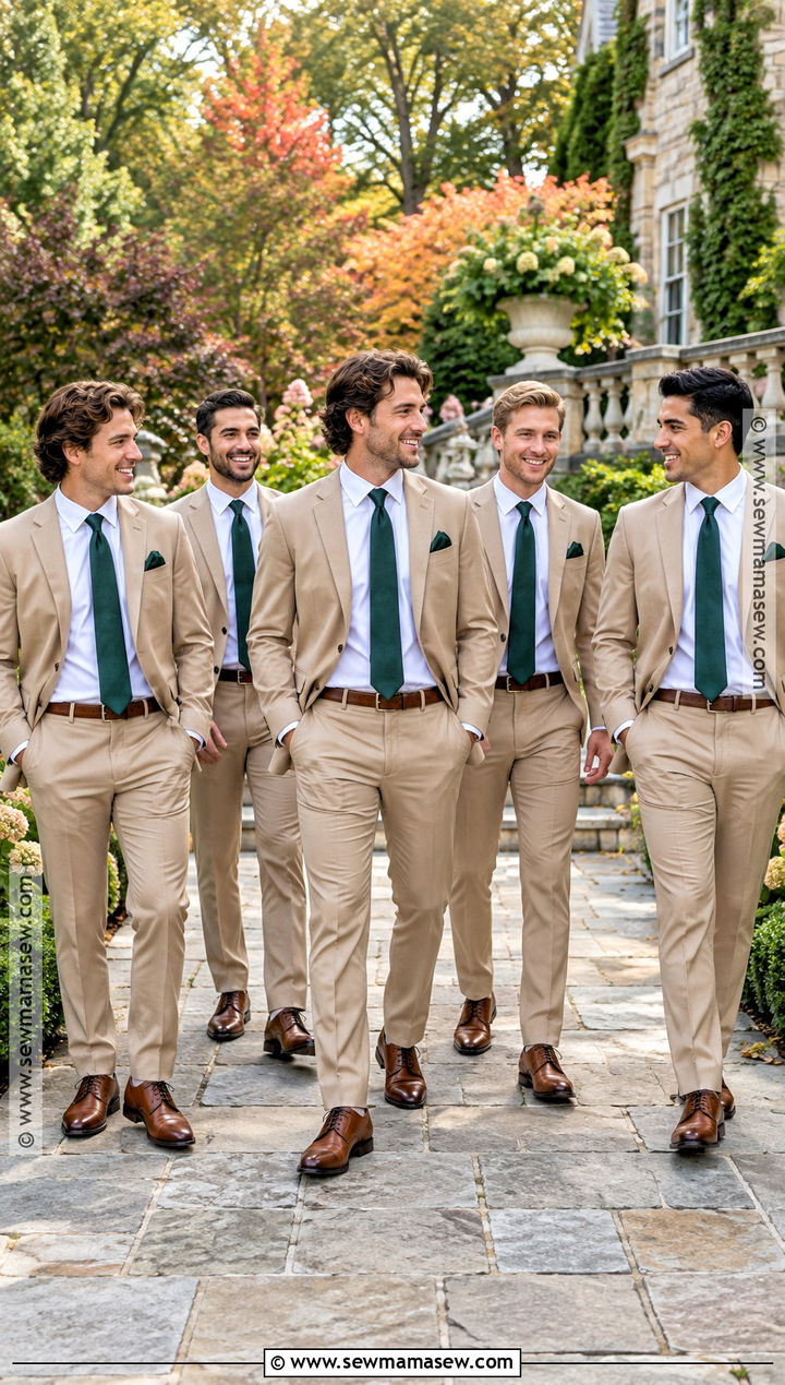 Tan Groomsmen Suit With Forest Green Tie - 15 groomsmen outfits fall wedding