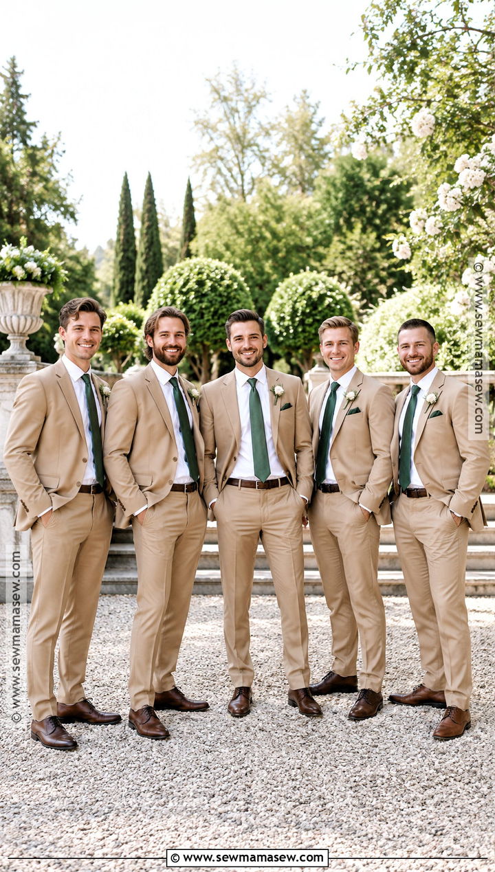 Tan Groomsmen Suit With Forest Green Tie - 15 groomsmen attire for fall wedding ideas