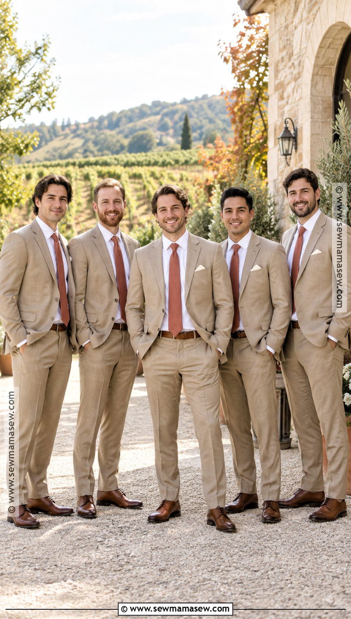 Tan Groomsmen Suit With Terracotta Tie - 15 groomsmen attire fall wedding color combos